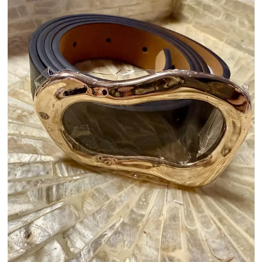 Aideeblue Women’s Black Faux Leather Belt Gold Buckle Large 35-39” NWT